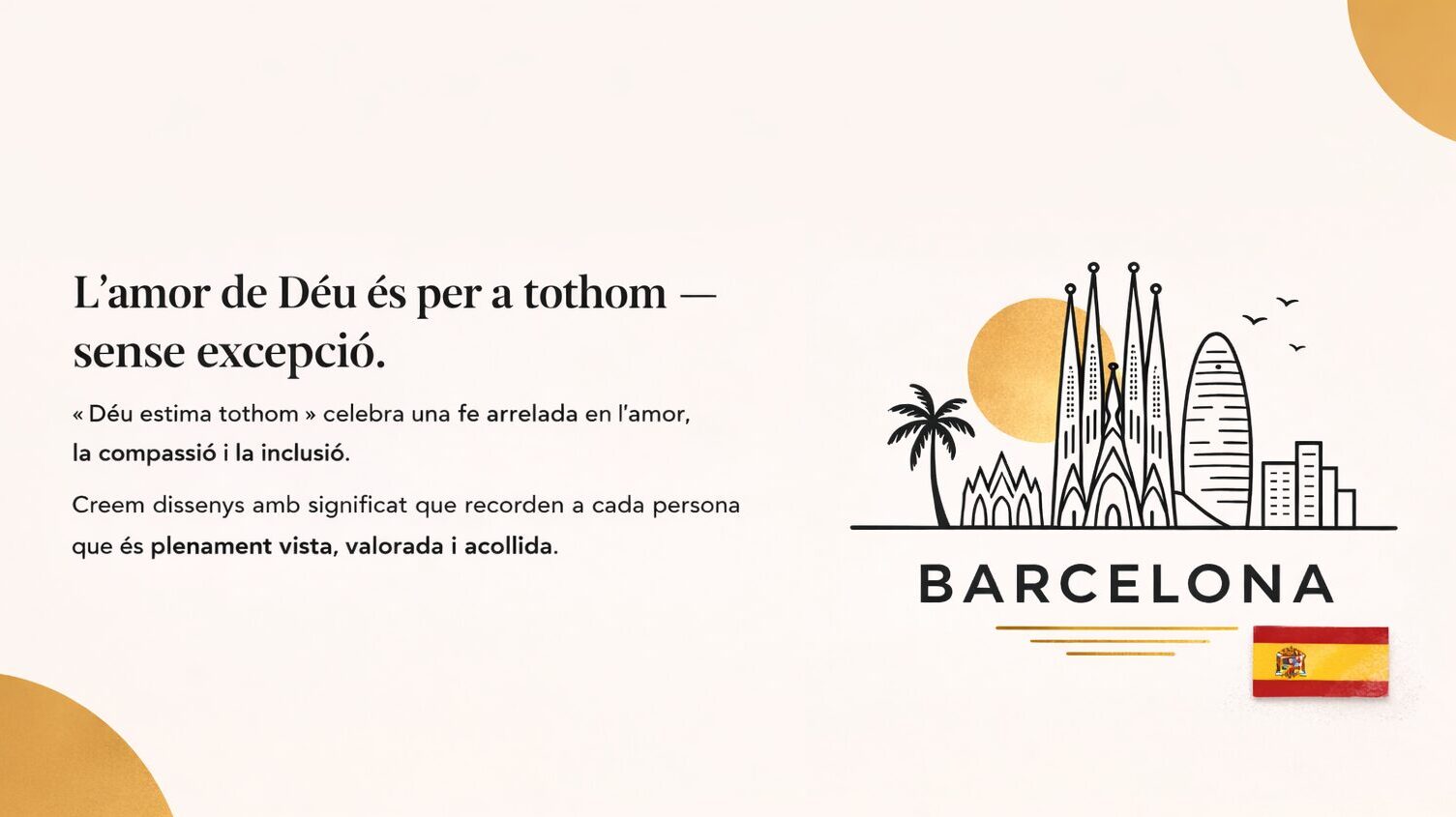 A Barcelona-themed postcard with a sunset and city skyline illustration.