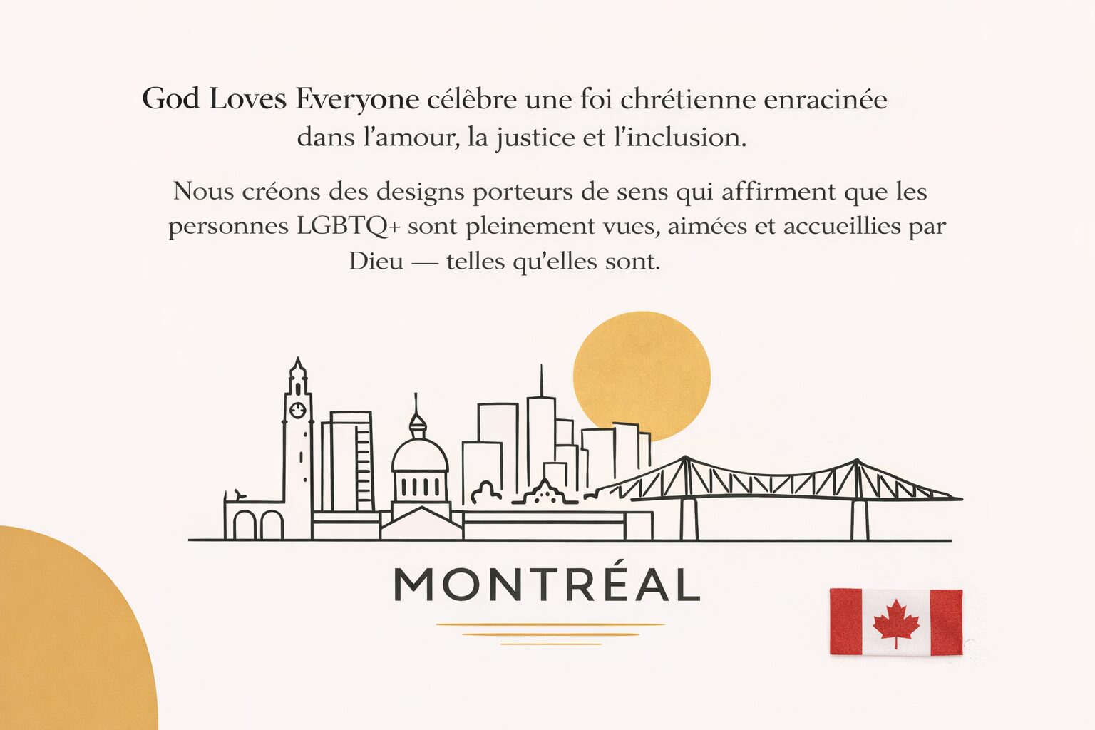 Affiche célébrant la diversité et l'inclusion à Montréal avec des symboles LGBTQ+ et la justice.