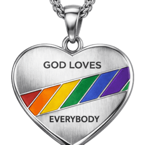Silver heart pendant with rainbow stripes and 'God Loves Everybody' text.